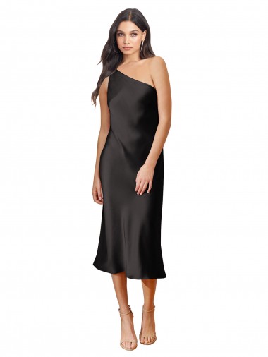 Outlet Sleek One Shoulder Midi Length Short Stretch Satin Slip Cocktail Prom Dress / Homecoming Dress