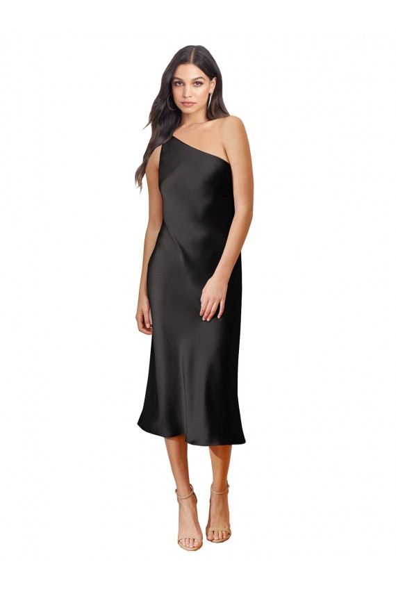 Outlet Sleek One Shoulder Midi Length Short Stretch Satin Slip Cocktail Prom Dress / Homecoming Dress