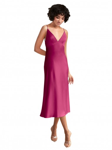 Outlet Midi Length V-Neck Short Stretch Satin Cocktail Prom Dress / Homecoming Dress with Low Scoop Back