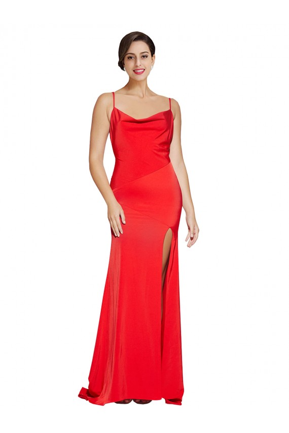 Outlet Low Back Cowl Neck Stretch Satin Prom Dress with High Side Slit
