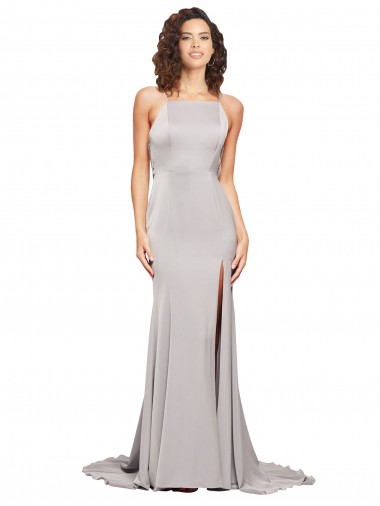 Outlet High Neck Low Back Long Full Length Stretch Satin Prom Dress