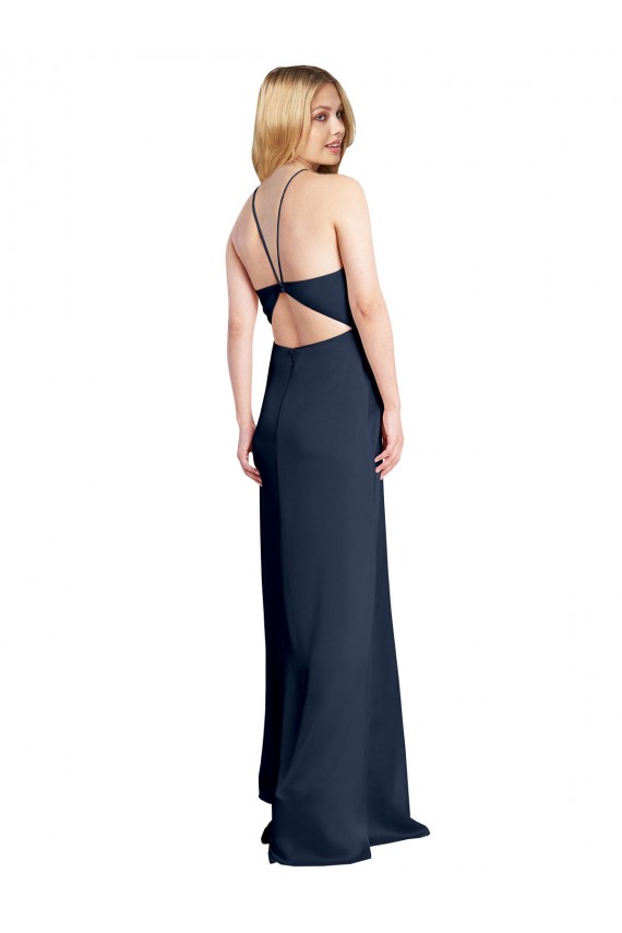 Outlet Halter Neckline Long Stretch Satin Prom Dress with Strappy Back and Side Slit