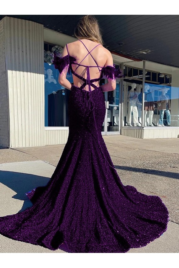 Outlet Cold Shoulder Sleeveless Long Court Train Velvet Sequin Prom Dress