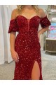 Outlet Off the Shoulder Short Sleeves Long Floor Length Velvet Sequin Prom Dress with High Slit