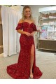 Outlet Off the Shoulder Short Sleeves Long Floor Length Velvet Sequin Prom Dress with High Slit