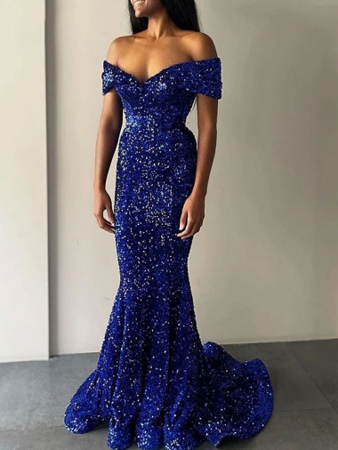 Outlet Mermaid Off the Shoulder Sleeveless Long Sweep Train Velvet Sequin Prom Dress