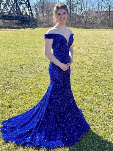 Outlet Off the Shoulder Sleeveless Long Sweep Train Velvet Sequin Prom Dress
