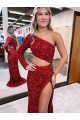 Outlet Mermaid One Shoulder Long Sleeves Long Sweep Train Velvet Sequin Prom Dress with High Slit