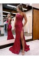 Outlet Mermaid One Shoulder Sleeveless Long Sweep Train Velvet Sequin Prom Dress with High Slit