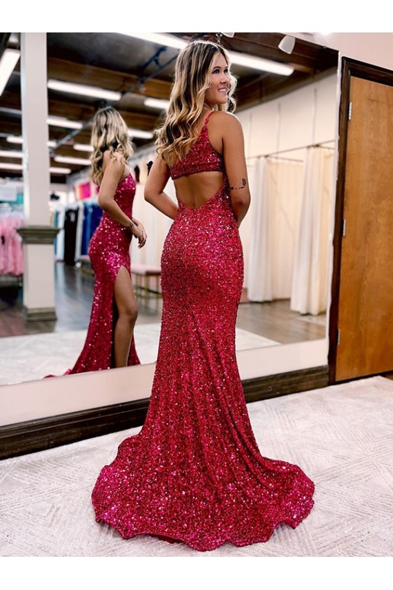 Outlet Mermaid One Shoulder Sleeveless Long Sweep Train Velvet Sequin Prom Dress with High Slit
