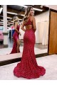 Outlet Mermaid One Shoulder Sleeveless Long Sweep Train Velvet Sequin Prom Dress with High Slit