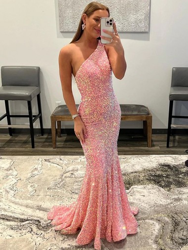Outlet Open Back One Shoulder Sleeveless Long Sweep Train Velvet Sequin Prom Dress