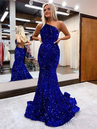 Outlet Mermaid One Shoulder Open Back Long Sweep Train Velvet Sequin Prom Dress