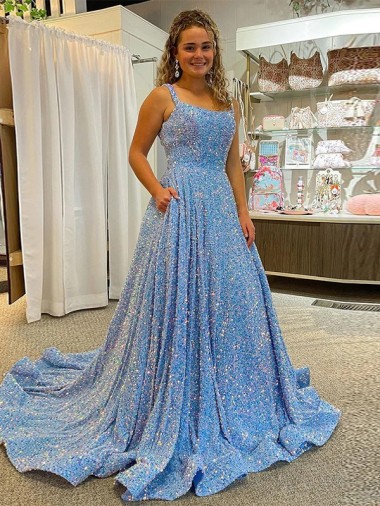 Outlet A-Line Scoop Sleeveless Long Court Train Velvet Sequin Prom Dress
