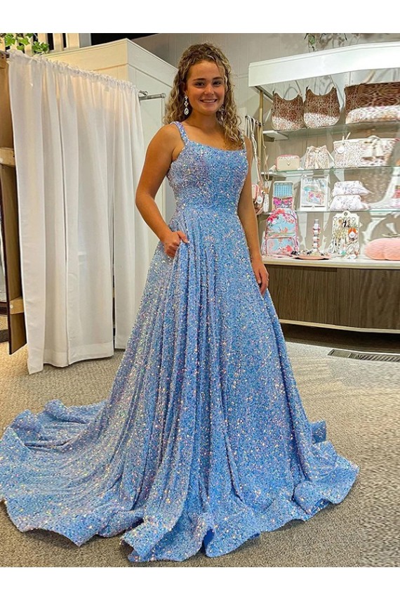 Outlet A-Line Scoop Sleeveless Long Court Train Velvet Sequin Prom Dress