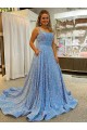 Outlet A-Line Scoop Sleeveless Long Court Train Velvet Sequin Prom Dress