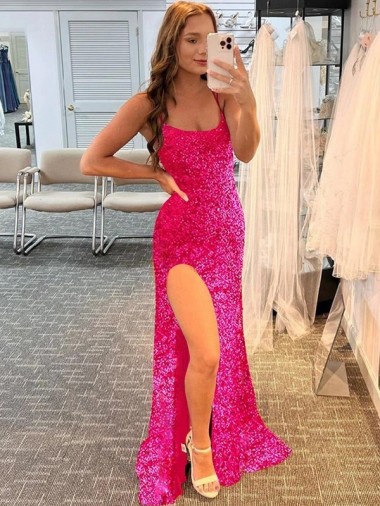 Outlet Spaghetti Straps Sleeveless Long Velvet Sequin Prom Dress with Slit and Criss Cross Open Back