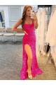 Outlet Spaghetti Straps Sleeveless Long Velvet Sequin Prom Dress with Slit and Criss Cross Open Back