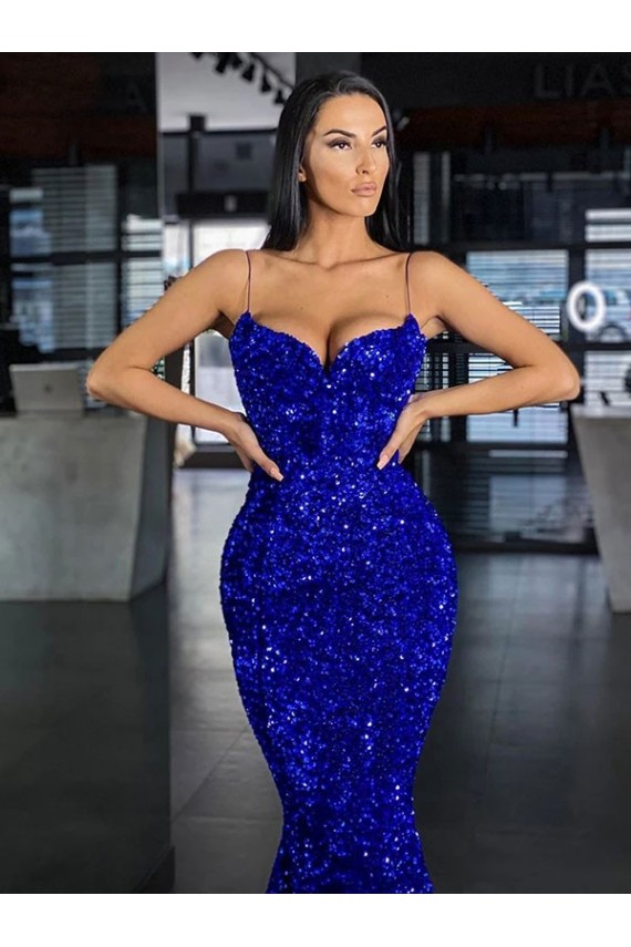 Outlet Mermaid Spaghetti Straps Sleeveless Long Sweep Train Velvet Sequin Prom Dress
