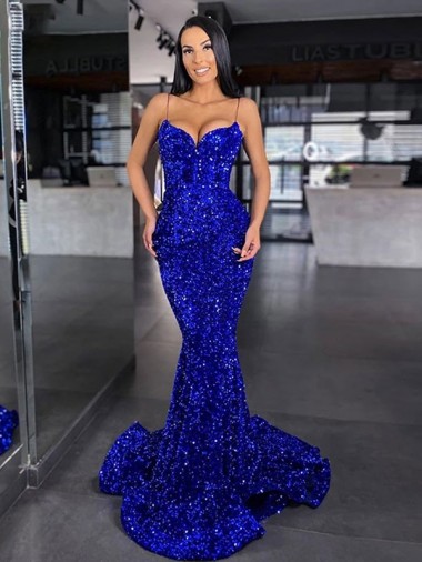 Outlet Mermaid Spaghetti Straps Sleeveless Long Sweep Train Velvet Sequin Prom Dress