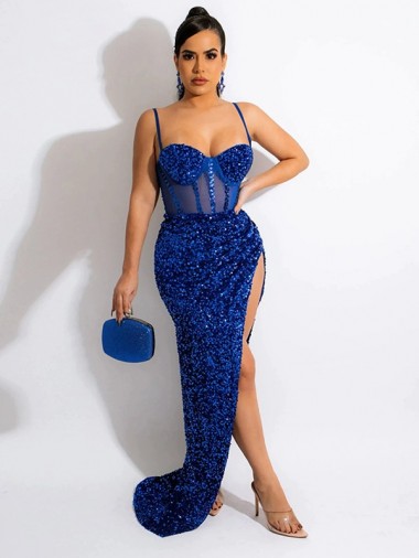 Outlet Long Sweep Train Spaghetti Straps Sleeveless Velvet Sequin Prom Dress with Slit