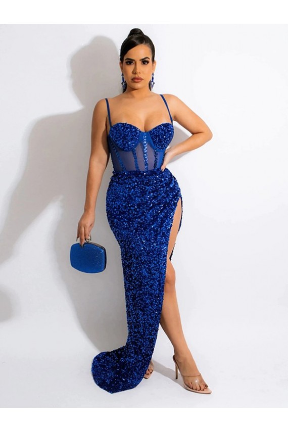 Outlet Long Sweep Train Spaghetti Straps Sleeveless Velvet Sequin Prom Dress with Slit