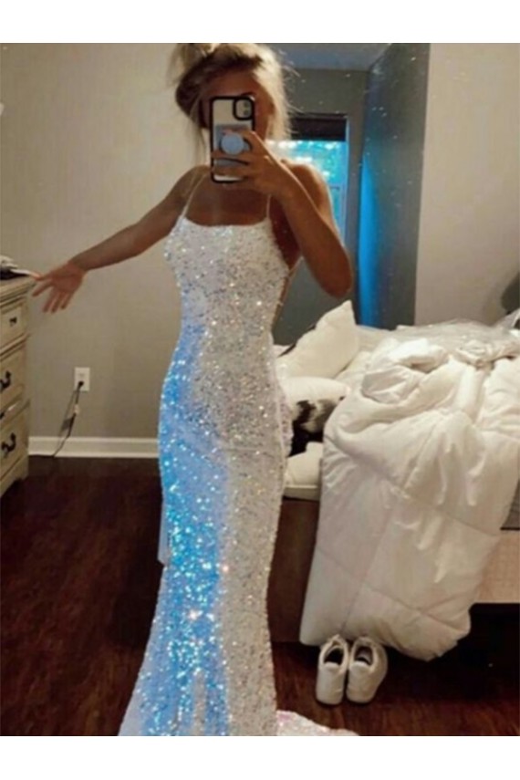 Outlet Long Spaghetti Straps Sleeveless Sweep Train Velvet Sequin Prom Dress