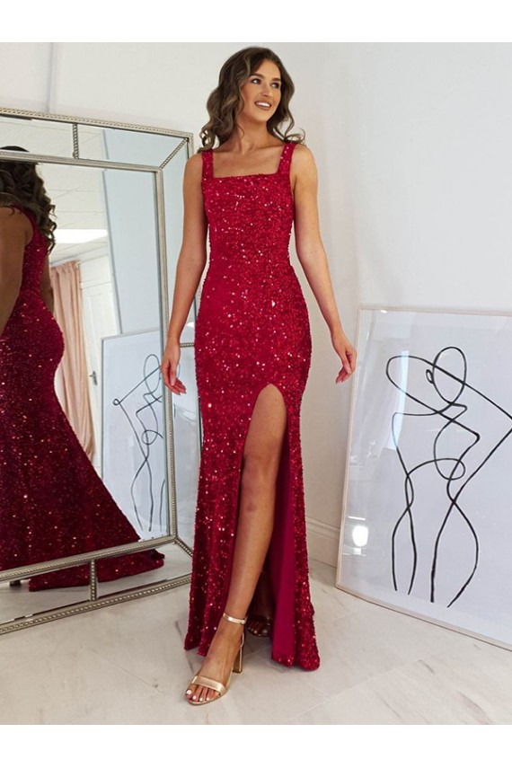 Outlet Square Neck Sleeveless Long Velvet Sequin Prom Dress with Slit