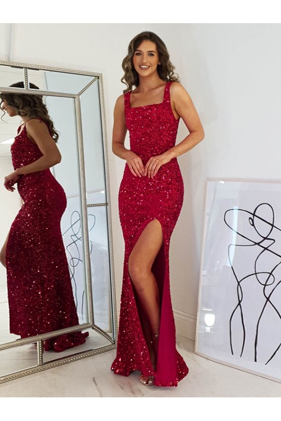 Outlet Square Neck Sleeveless Long Velvet Sequin Prom Dress with Slit