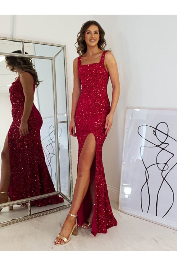 Outlet Square Neck Sleeveless Long Velvet Sequin Prom Dress with Slit