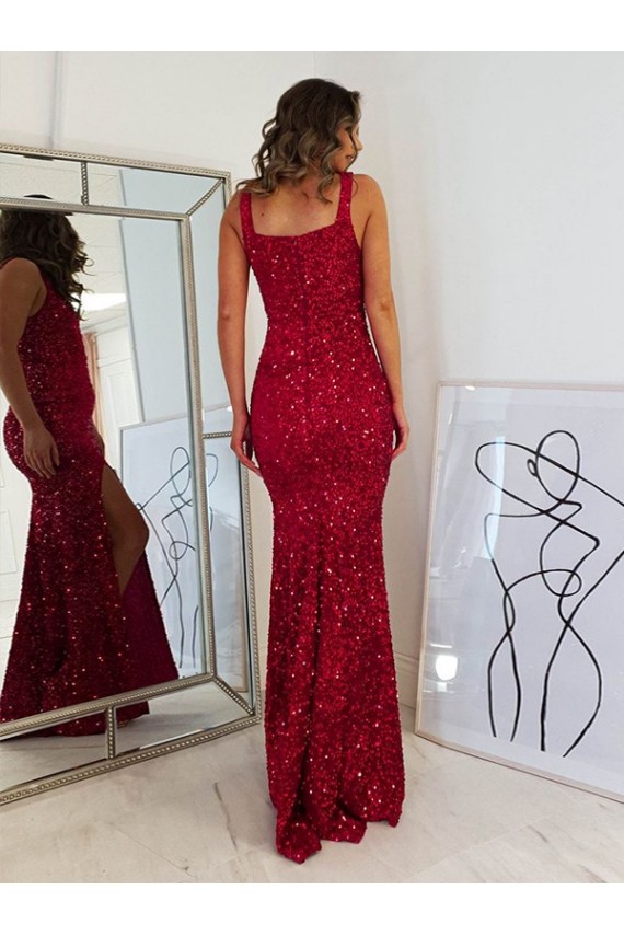 Outlet Square Neck Sleeveless Long Velvet Sequin Prom Dress with Slit