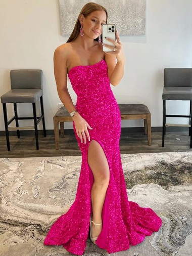 Outlet Strapless Sleeveless Long Sweep Train Velvet Sequin Prom Dress with Side Slit