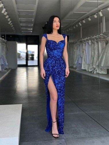 Outlet Sleeveless Long Sweep Train Velvet Sequin Prom Dress with High Slit and Straps