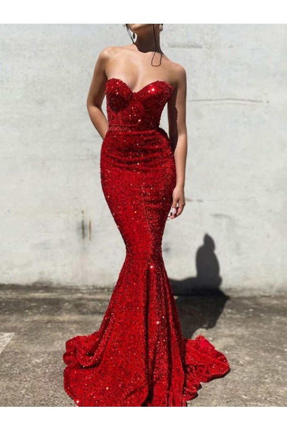 Outlet Mermaid Sweetheart Sleeveless Long Court Train Velvet Sequin Prom Dress