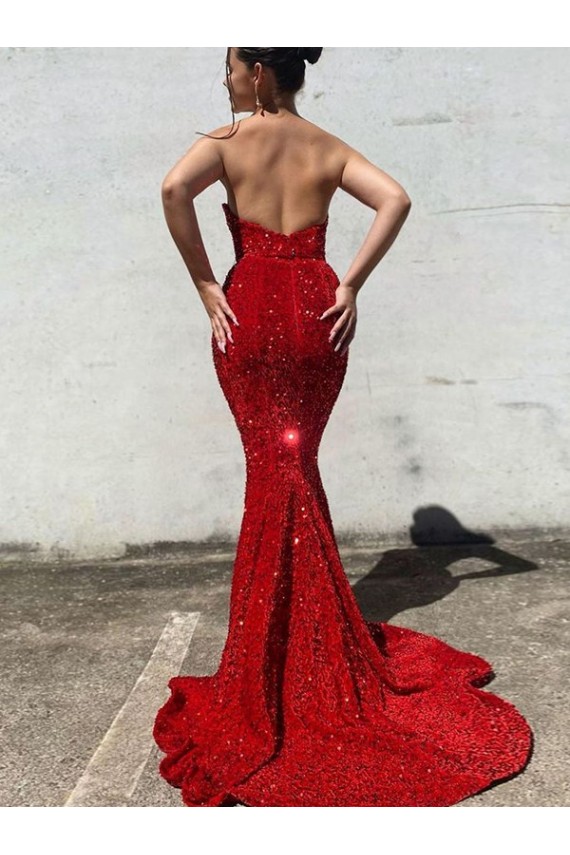 Outlet Mermaid Sweetheart Sleeveless Long Court Train Velvet Sequin Prom Dress