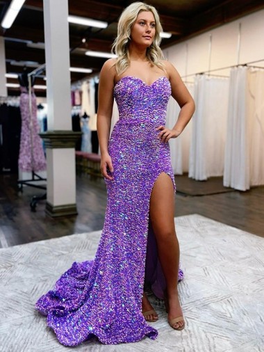 Outlet A-Line Sweetheart Sleeveless Long Velvet Sequin Prom Dress with Slit