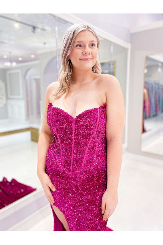 Outlet Long Sweetheart Sleeveless Sweep Train Velvet Sequin Prom Dress with Slit