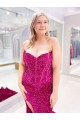Outlet Long Sweetheart Sleeveless Sweep Train Velvet Sequin Prom Dress with Slit