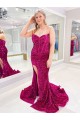 Outlet Long Sweetheart Sleeveless Sweep Train Velvet Sequin Prom Dress with Slit