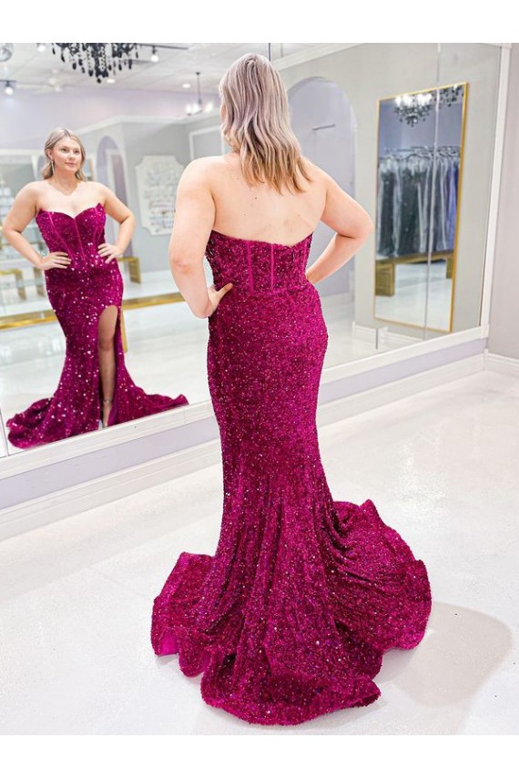 Outlet Long Sweetheart Sleeveless Sweep Train Velvet Sequin Prom Dress with Slit
