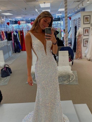 Outlet V-Neck Sleeveless Long Velvet Sequin Prom Dress with Sweep Train