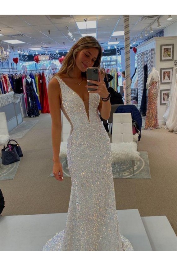 Outlet V-Neck Sleeveless Long Velvet Sequin Prom Dress with Sweep Train