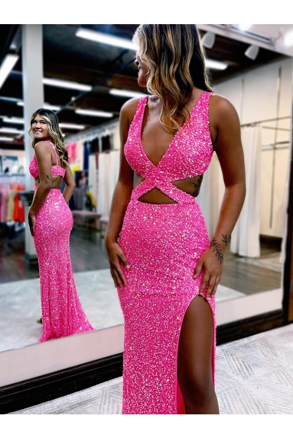Outlet Long V-Neck Sleeveless Sweep Train Velvet Sequin Prom Dress with High Slit