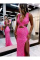 Outlet Long V-Neck Sleeveless Sweep Train Velvet Sequin Prom Dress with High Slit