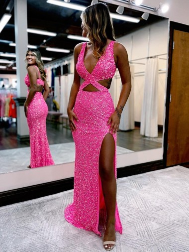 Outlet Long V-Neck Sleeveless Sweep Train Velvet Sequin Prom Dress with High Slit