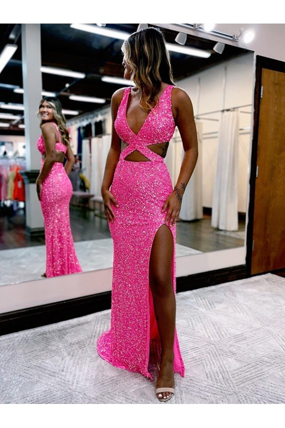 Outlet Long V-Neck Sleeveless Sweep Train Velvet Sequin Prom Dress with High Slit