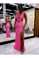 Outlet Long V-Neck Sleeveless Sweep Train Velvet Sequin Prom Dress with High Slit