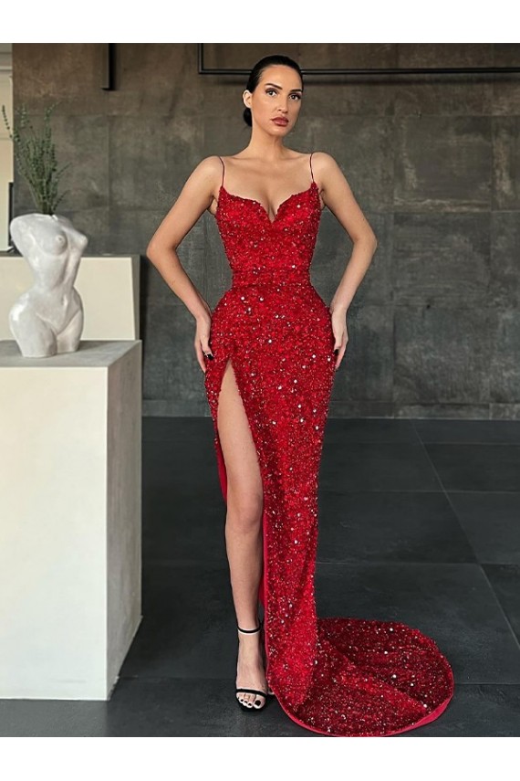 Outlet V-Neck Sleeveless Long Sweep Train Velvet Sequin Prom Dress with High Side Slit