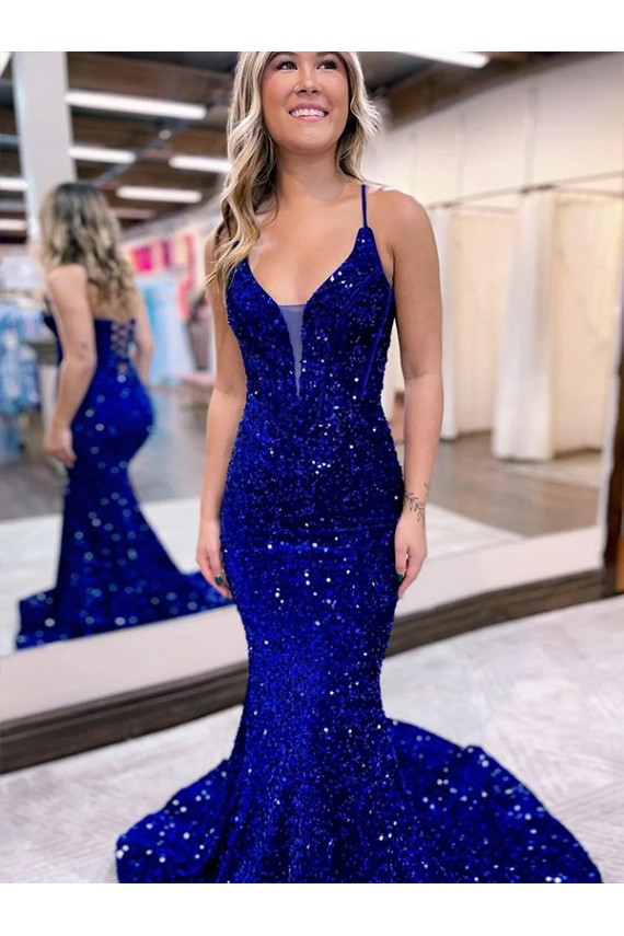 Outlet Mermaid V-Neck Sleeveless Long Court Train Velvet Sequin Prom Dress
