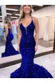 Outlet Mermaid V-Neck Sleeveless Long Court Train Velvet Sequin Prom Dress